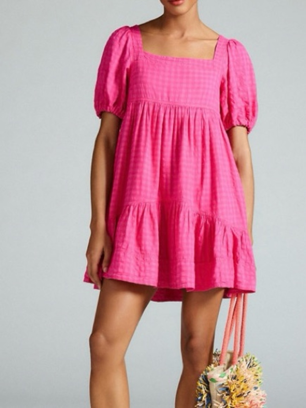 ANTRO PILCRO pink gingham square neck tiered puff sleeve mini dress